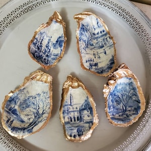 Oyster Shell Blue Toile Hostess Gift Bridesmaid Gift Housewarming Ring Dish Home Decor.