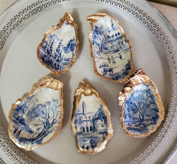 Blue Toile Oyster Shell Ring Dish: Gold Leaf Home Decor