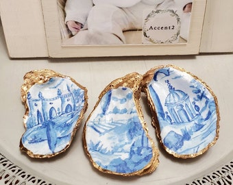 Oyster Shell Tuscan Blue Toile - Hostess Gift - Bridesmaid Gift -  Housewarming - Ring Dish - Home Decor.