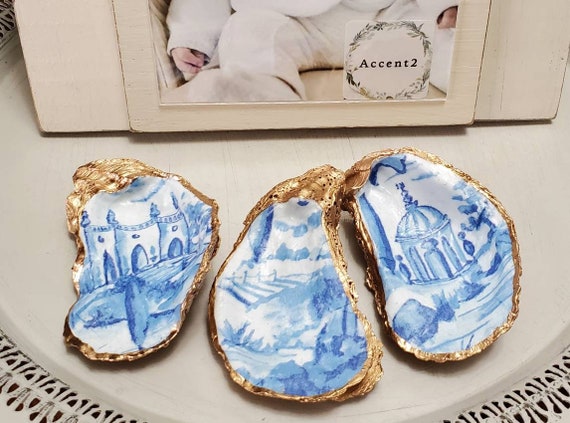 Gold Leaf Oyster Shell Ring Dish: Tuscan Blue Toile Decor