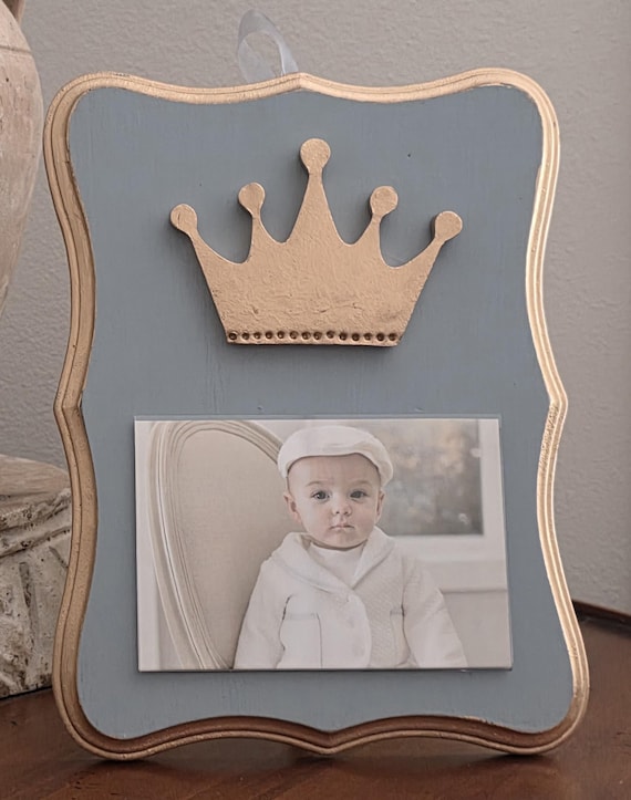 Shaped Frame With Gold Large Crown 4x6 Photo Frame Painted Duck Egg  Distessed - Baby Gift- Wedding- Birthday- Hostess - Carnival Favors.