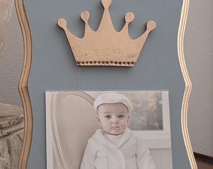Featured listing image: Shaped Frame With Gold Large Crown 4x6 Photo Frame Painted Duck Egg  Distessed - Baby Gift- Wedding- Birthday- Hostess - Carnival Favors.