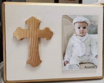 Gold Gilded Cross Frame For 4x6 Vertical Photo Painted Distressed Oyster White Christening Baby Weddings Gift - Baptism- Baby Shower.