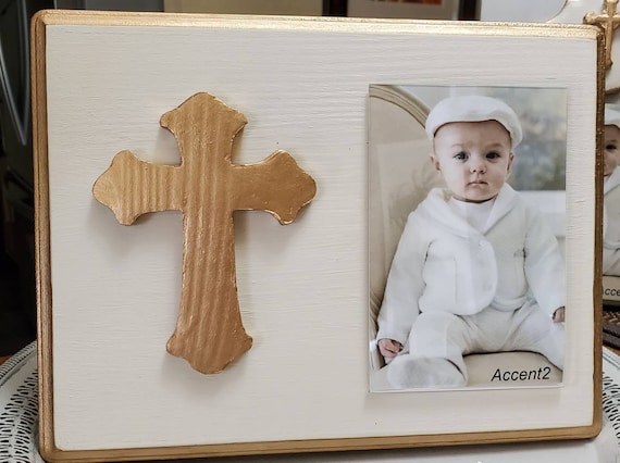 Gold Gilded Cross Photo Frame: Distressed Oyster White Wood, 4x6 Vertical