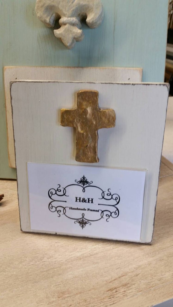 Handmade Distressed Wood Photo Frame 4x6: Oyster White, Gold Cross