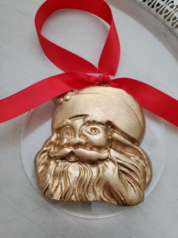 Handmade Gold Clay Santa Face Ornament - Acrylic Hanger Wreath Ornament.