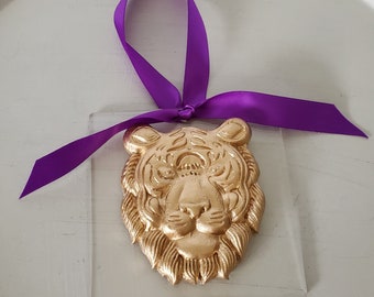 Hanging Gold Tiger Clay Ornament on Acrylic - Louisiana Football Tiger - LSU -Clemson College Football Fan - Wreath Ornament.