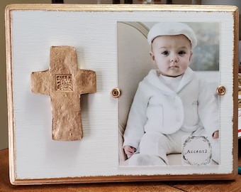 Gold Gilded Cross Frame For 5x7 Vertical Photo Painted Distressed Silver Mink Gray Christening Baby Weddings Gift - Baptism- Baby Shower.