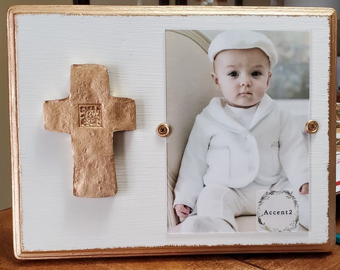 Featured listing image: Gold Gilded Cross Photo Frame: Distressed Silver Mink Gray, 5x7 Vertical