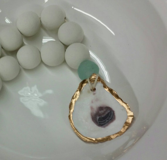 Oyster Shell Blessing Beads, Gold Leaf, Recycled Glass, Clay Beads