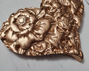Handmade Gold Leaf Large Floral Heart On A  Distressed White Wood Block