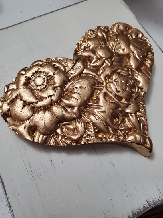 Handmade Gold Leaf Large Floral Heart On A  Distressed White Wood Block