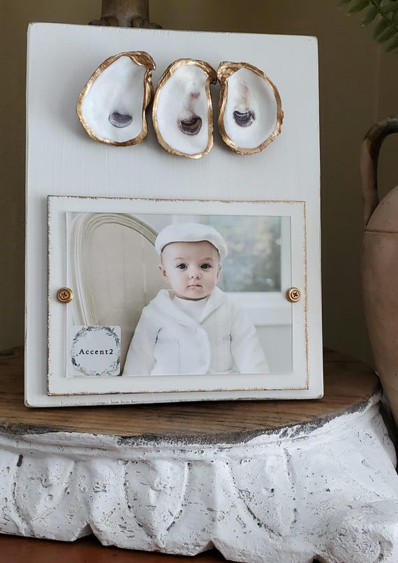 Oyster Shell Picture Frame: Gold Leaf, Distressed White Wood, Coastal Decor