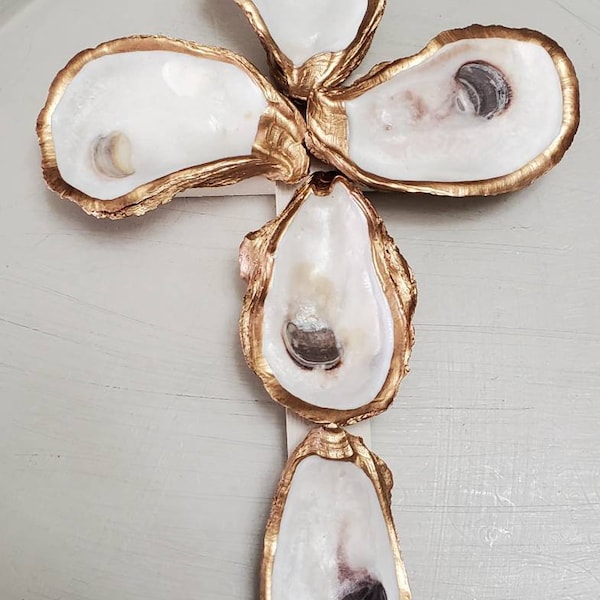 Oyster Shell Cross With Gold Gilding - Wall Decor - Gift