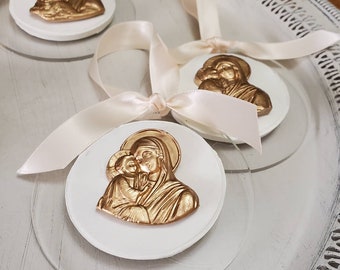 Hanging White And Gold Intaglio Ornament on Acrylic - Mary and Baby Jesus - Christmas Gift - Religious - Blessing - Hostess Gift - Baptism