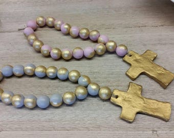 Blessing Beads Wood With Gold Leaf Handmade Clay  Cross -  Wedding Gift,  Baby Gift, Housewarming Gift, Bridal Shower Gift.