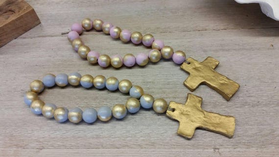 Handmade Wood Blessing Beads with Gold Leaf Clay Cross