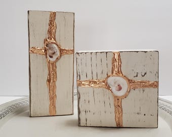 Hand Painted Wooden Block With Gold Cross And Oyster Shell
