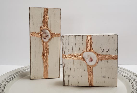 Hand Painted Wooden Block With Gold Cross And Oyster Shell