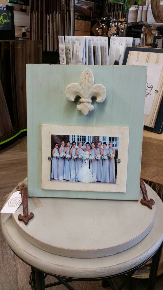 Handmade Aged Wood Picture Frame: Gray Green Fleur-de-Lis Decor