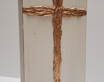 Handmade Painted Large Wooden Block Gold Leaf Cross.