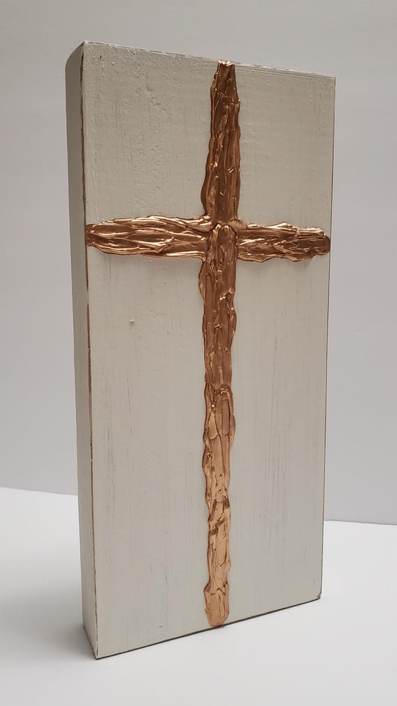 Handmade Painted Large Wooden Block Gold Leaf Cross.