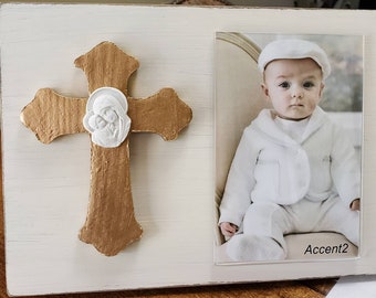 Large Gold Gilded Cross  With Mother and Child Intaglio 4x6 Vertical Photo Painted Oyster White Christening - Baby Gift - Religious Gift.