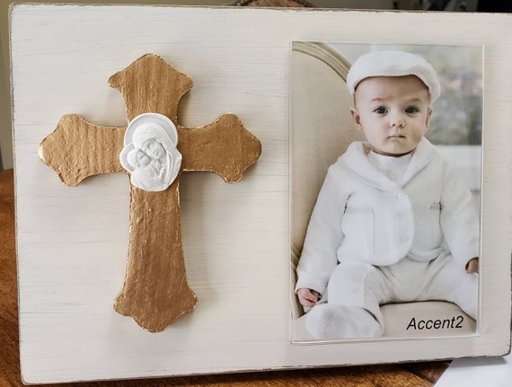 Gold Gilded Cross Photo Frame: Mother and Child Intaglio, Christening Gift