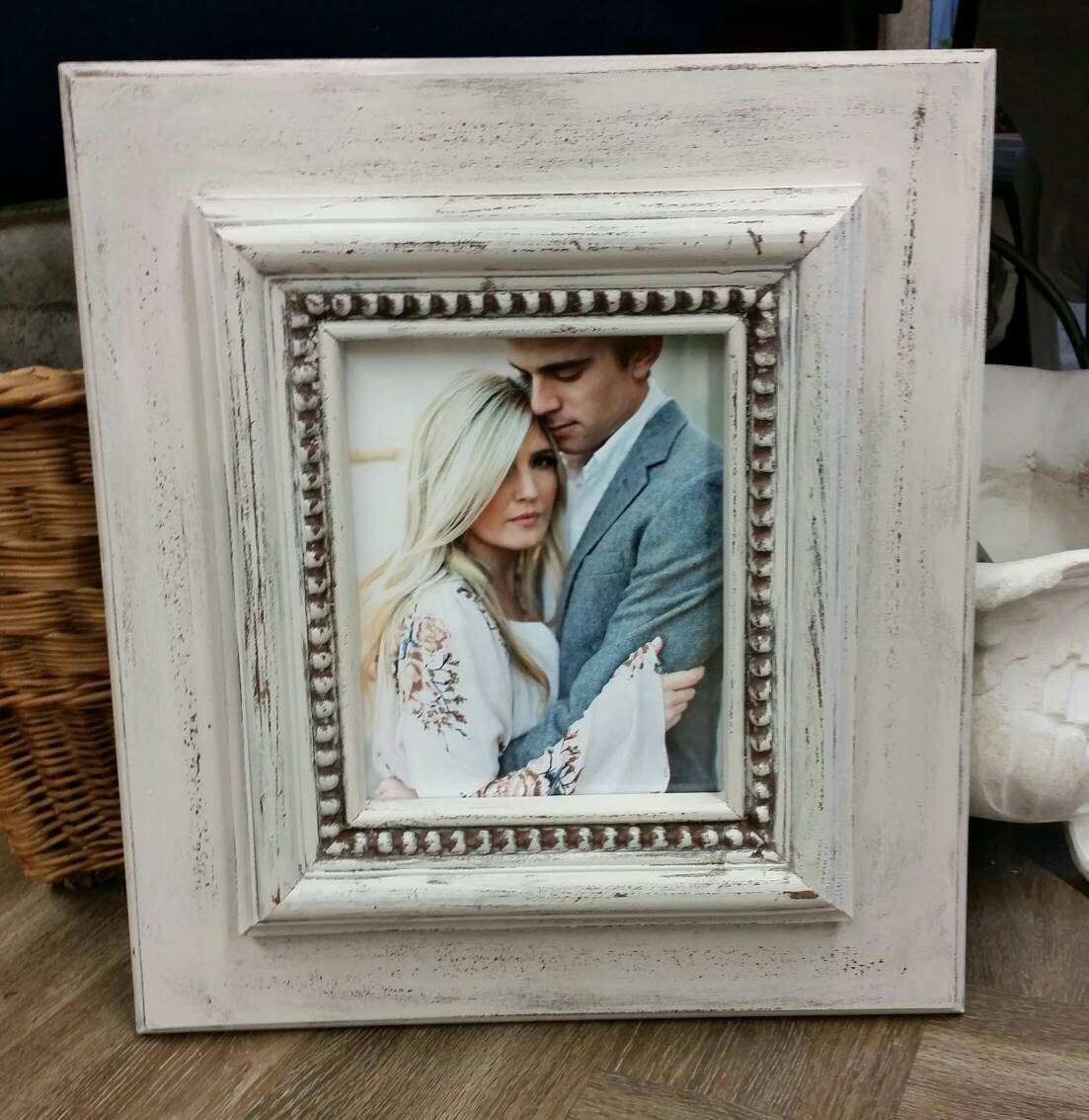 Distressed Handmade Picture Frame Painted Off White Chunky Moulding