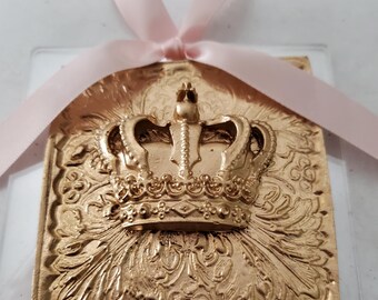Hanging Gold Leaf Intaglio Ornament on Acrylic - Large Crown - Christmas Gift - Religious - Blessing - Carnival Hostess Gift - Mardi Gras.