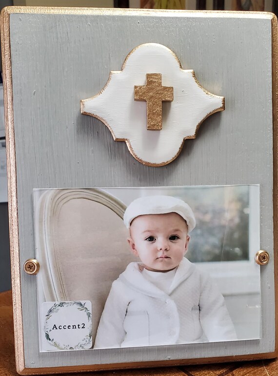 Gold Gilded Tile With Cross Holds a 5x7 Photo Painted Chicago Gray Wedding Gift - Bridal Shower Gift - Baby Shower - Birthday.