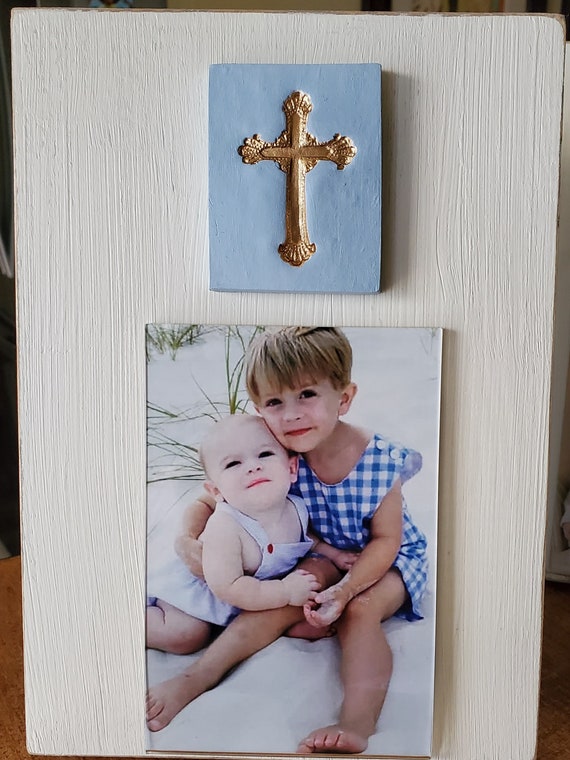 Handmade 4x6 Photo Frame: Gold Leaf Cross, Blue Intaglio - Christening Gift
