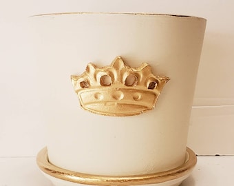 Plant Container - Planter Painted White With Gold Crown and Gold Accents - Handmade Crown - Tray Included.