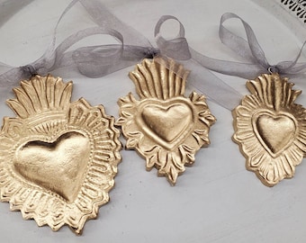 Hanging Sacred Heart Gold Leaf Handmade Clay Ornament - Christmas Gift - Catholic - Blessing - Hostess Gift - Housewarming - First Communion