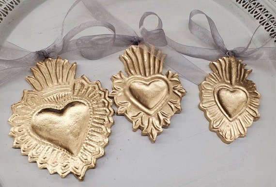 Gold Leaf Sacred Heart Ornament: Handmade Clay Catholic Gift Wreath Ornament.