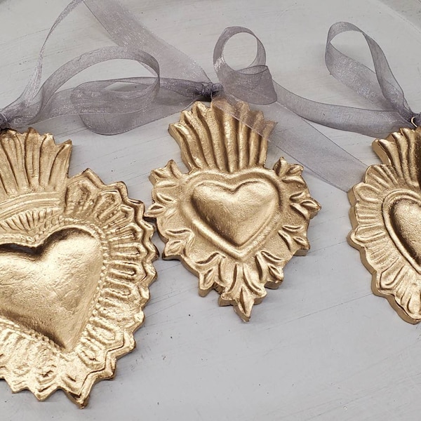 Hanging Sacred Heart Gold Leaf Handmade Clay Ornament - Christmas Gift - Catholic - Blessing - Hostess Gift - Housewarming - First Communion