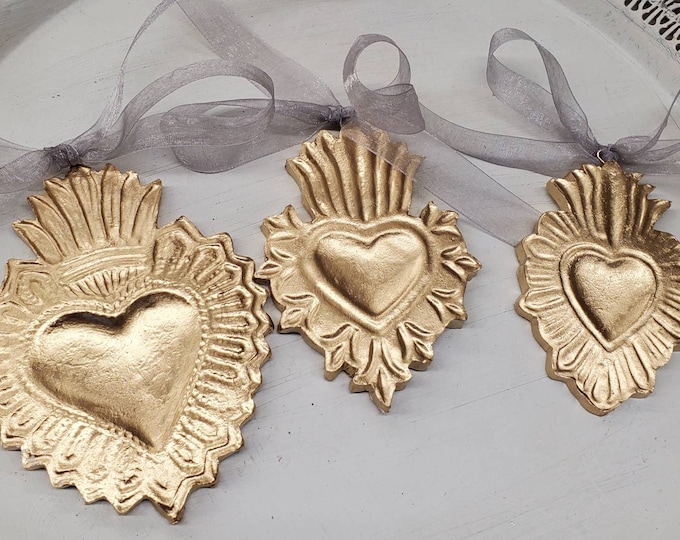 Featured listing image: Gold Leaf Sacred Heart Ornament: Handmade Clay Catholic Gift