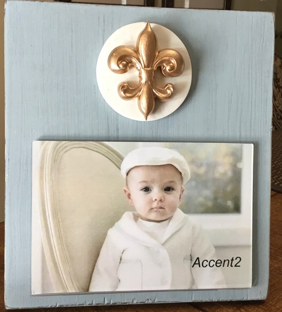 Handmade Distressed Wood Photo Frame: Duck Egg Blue, Gold Fleur de lis