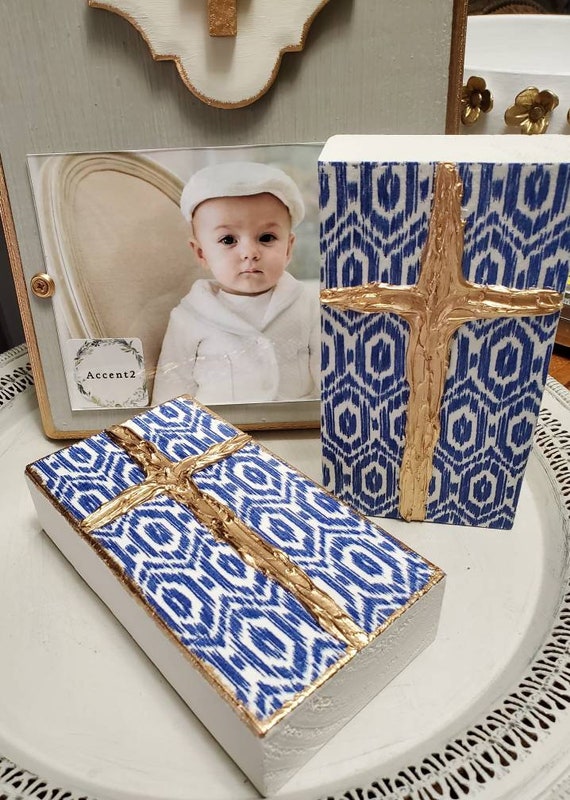 Hand Painted Wooden Gold Cross Block - Blue And White Design.