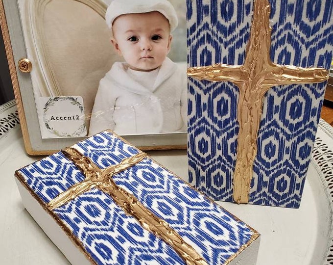 Featured listing image: Hand Painted Wooden Gold Cross Block - Blue And White Design.