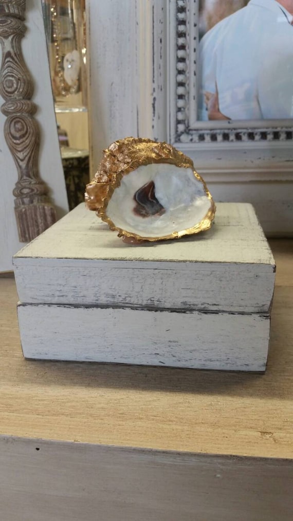 Distressed White Wooden Box with Gold Leaf Oyster Shell - Jewelry Storage