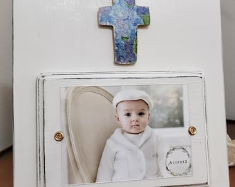 Handmade Distressed Wood Picture Frame: Oyster White with Cross Hydrangea With Gold Leaf Edge Accents.