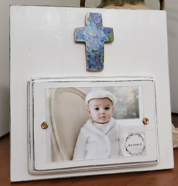 Handmade Distressed Wood Picture Frame: Oyster White with Cross Hydrangea With Gold Leaf Edge Accents.