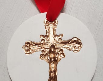 Hanging Intaglio with Gold Leaf Crucifix Imprint on Satin Ribbon Hostess gift - Religious- Christening Gift - Baptism