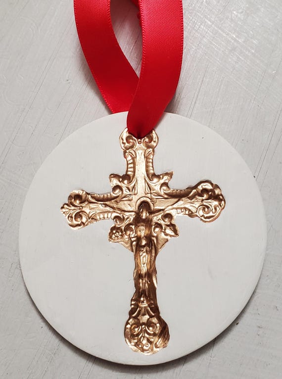 Hanging Crucifix Intaglio Ornament: Gold Leaf Imprint, Satin Ribbon