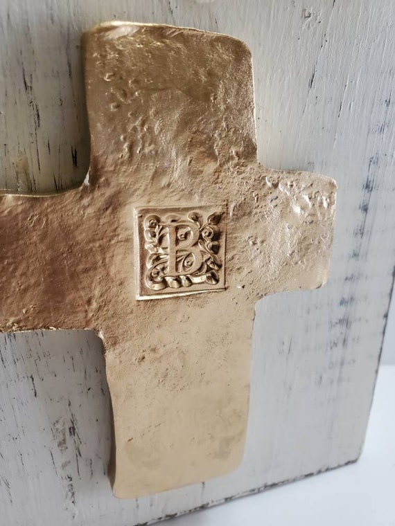 Handmade Gold Leaf Clay Cross: Personalized Initial, Distressed Wood