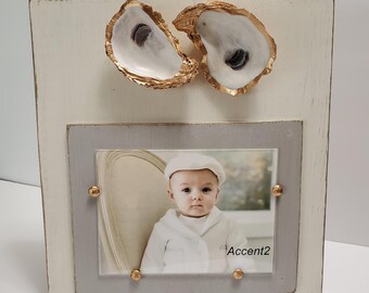 Oysters With Gold Leaf on Handmade Wood Picture Frame - Painted and Distressed Old White and Gray - 5x7 Photo - Coastal - Gift - Beach.