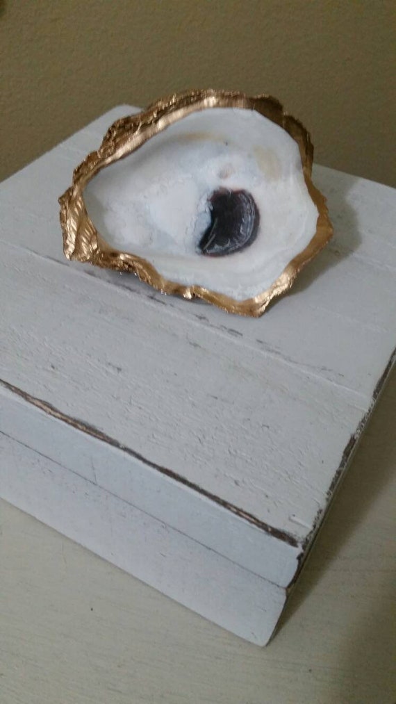 Handmade Distressed White Wooden Box with Gold Leaf Oyster Shell