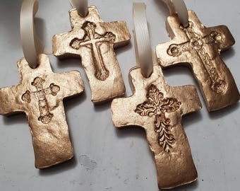 Gold Leaf Handmade Clay Cross Ornament - Blessing, Gift Tag, Hostess Gift.