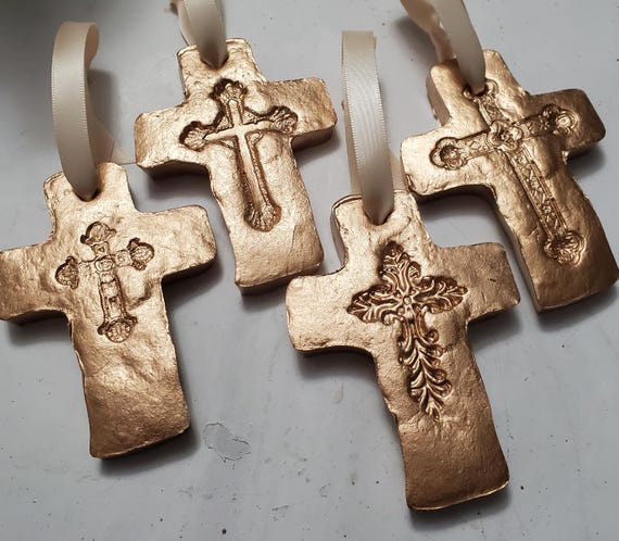 Gold Leaf Handmade Clay Cross Ornament - Blessing, Gift Tag, Hostess Gift.